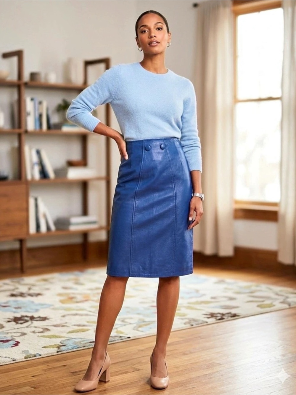 Kersia Blue Leather Pencil Skirt Size 10 Like New
